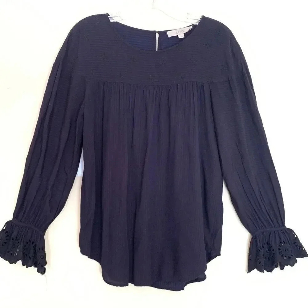 LOFT Navy Blue Eyelet Lace Blouse w/ Flared Sleeve